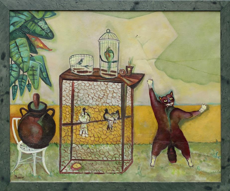 Cooped Up, colorful painting of cats and birds in birdcage