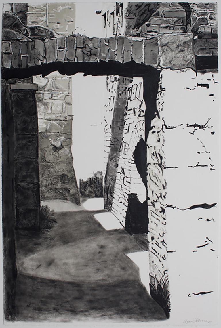 Agnes Murray Landscape Print - Approaching Slains Castle #7, black white and grey monotype