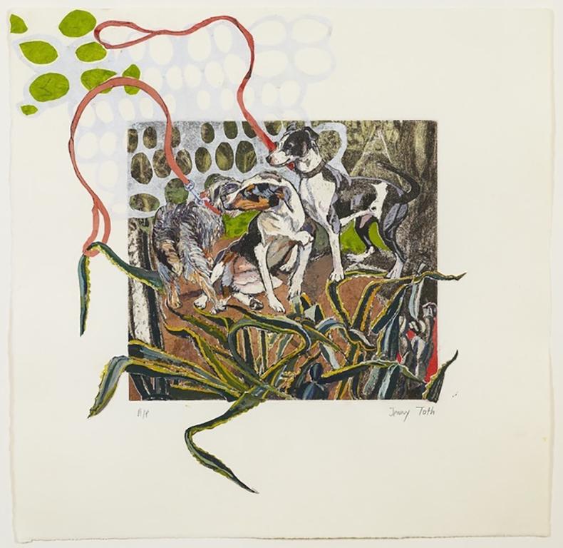 Jenny Toth Animal Art - Leashed and Unleashed, dogs collage abstracted drawing color