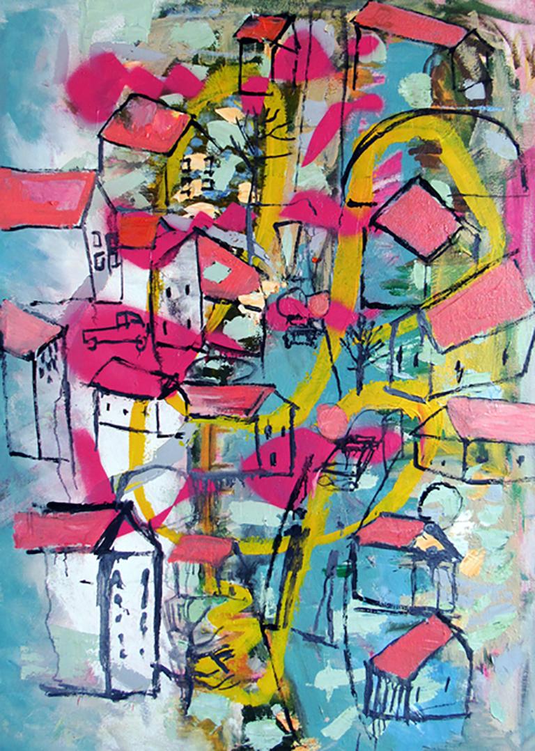 C. Dimitri Abstract Painting - Red Rocket Behind House Hill, colorful urban abstract