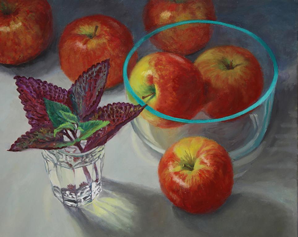 Still-Life Painting Douglas Newton - Pommes et verre, nature morte contemporaine colorée et illustionniste, très réelle