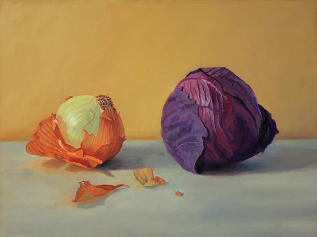 Yellow and Red, realistic, colorful still life with cabbage and onion