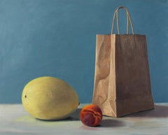 X Squash and Peach, stark colorful super realist still life everyday objects