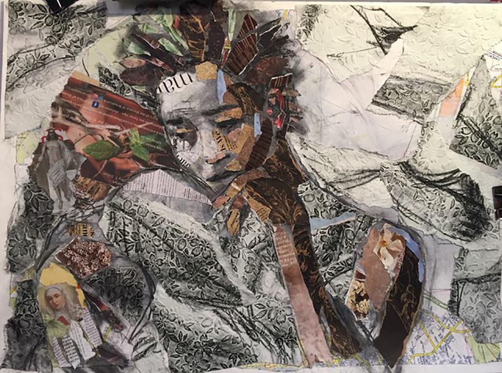 Figurative Art di Audrey Anastasi - Fiori di Pasqua, tecnica mista a carboncino e collage, floreale