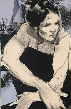 Cold View, neutral and grey tone drawing and collage, woman and nature