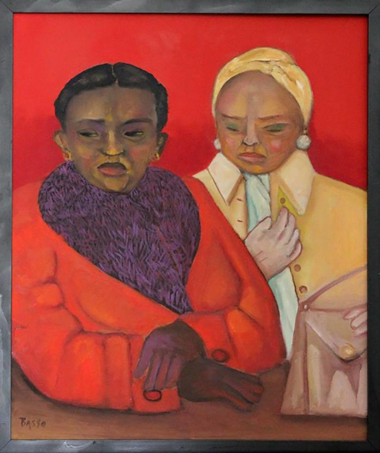 Portrait Painting Stephen Basso - Huile sur toile double portrait colorée rouge hiver, automne