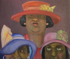 Crown Jewels, colorful, figurative, outsider, narrative, three women, hats 