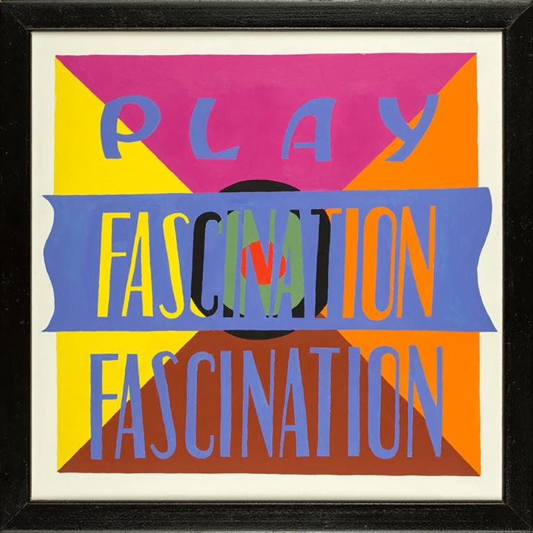 PLAY FASCINATION 1 , bright color, text, acrylic, hard edge - Painting by Philomena Marano