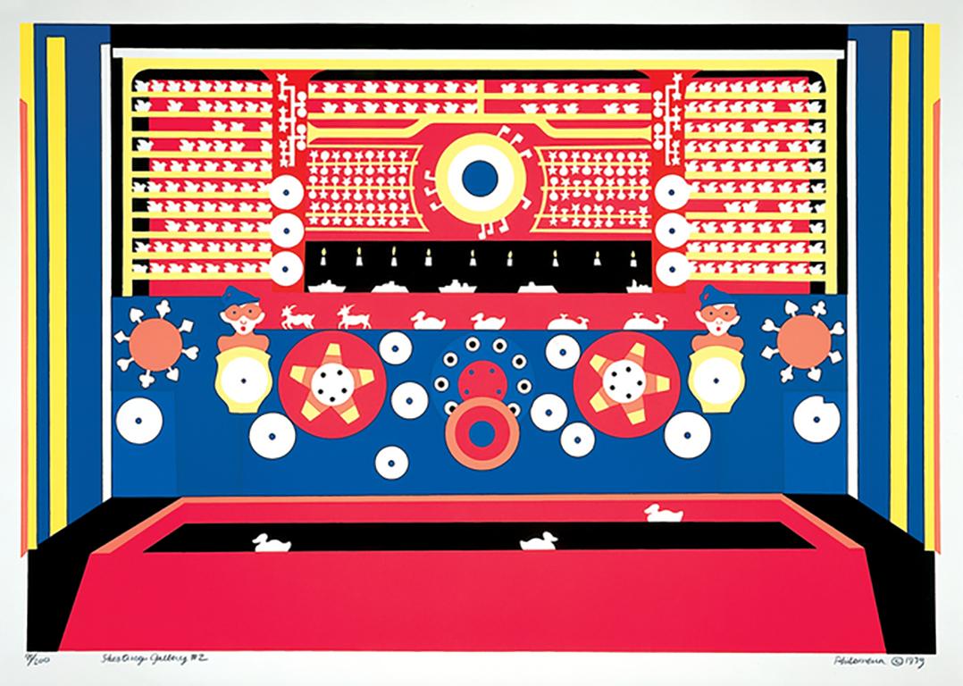 Shooting Gallery #2, colorful playful whimsical pattern graphic serigraph  - Print by Philomena Marano