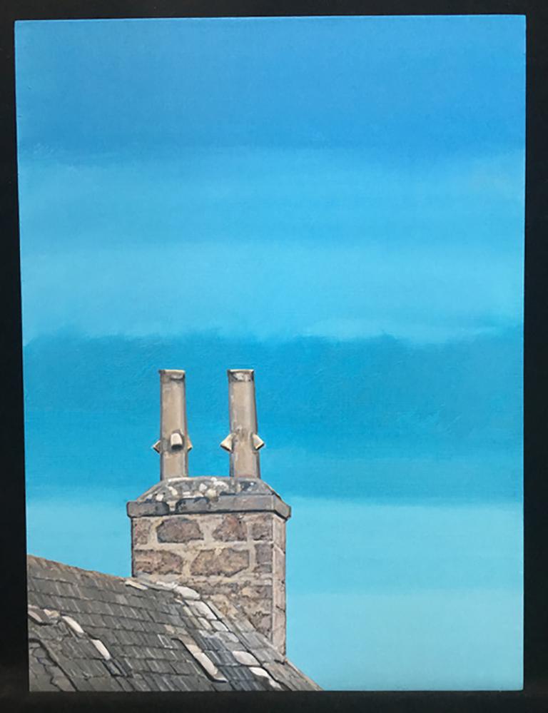 Agnes Murray Landscape Painting - Roanheads Chimneys #2, blue sky, stone architecture. Scotland