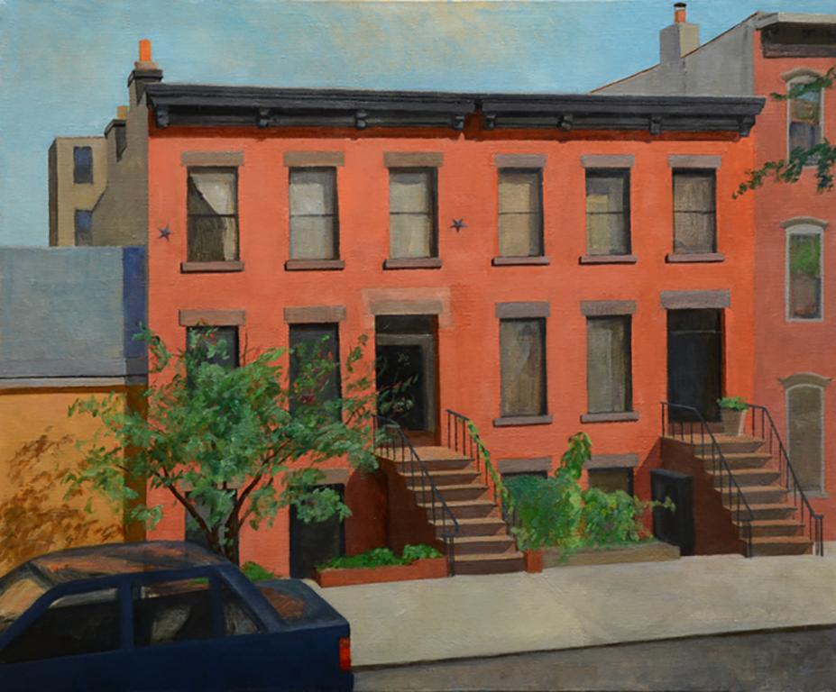 Gregory Frux Landscape Painting - Ann's View, realistic, historic urban architecture, cityscape, orange brick 