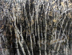 Birch Abstract, dark mixed media, mylar, trees, abstraction, muted colors w gold