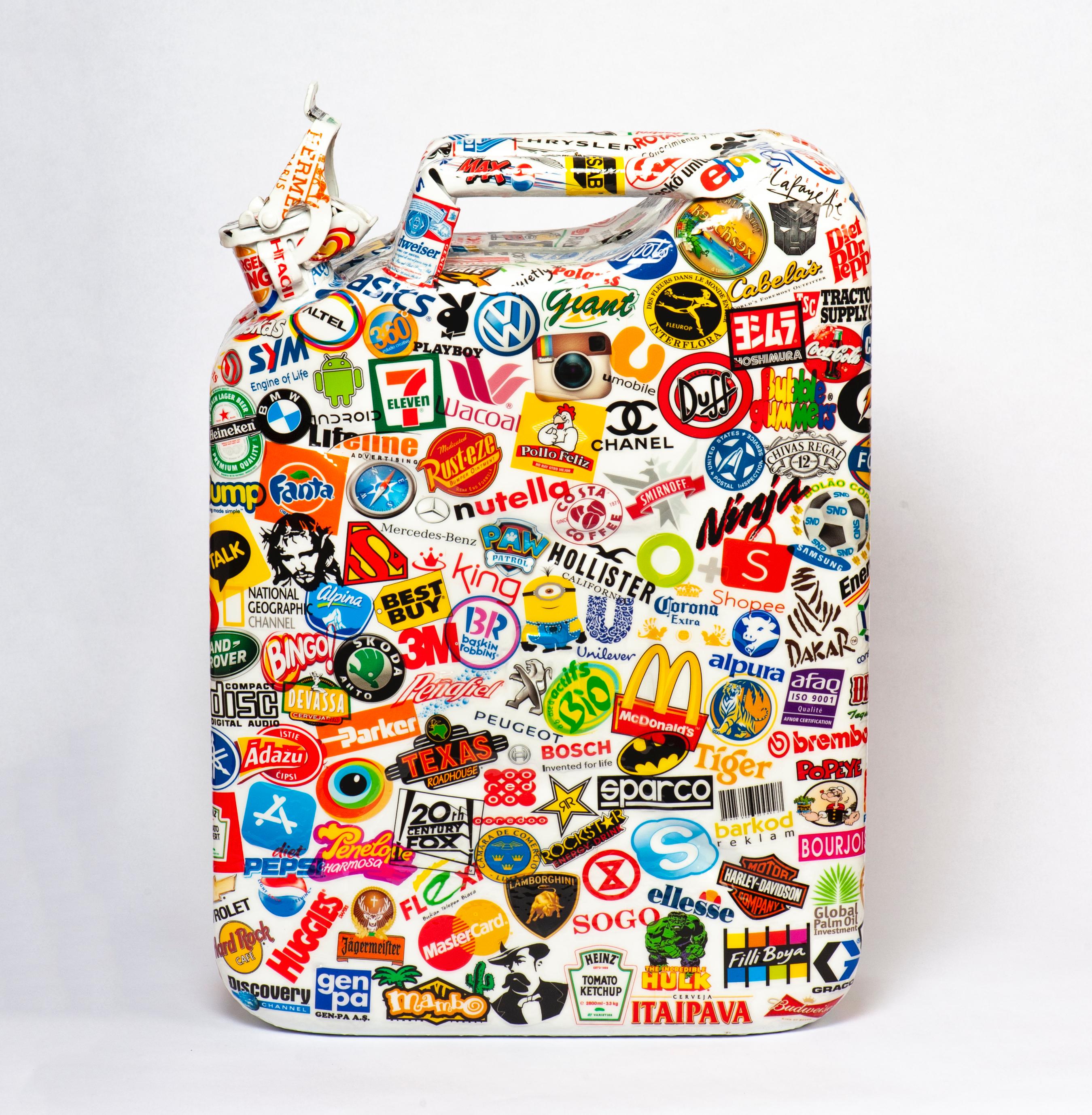 Metal Jerrycan Sculpture with Sticker Ornaments - Mixed Media Art by Alain Brioudes
