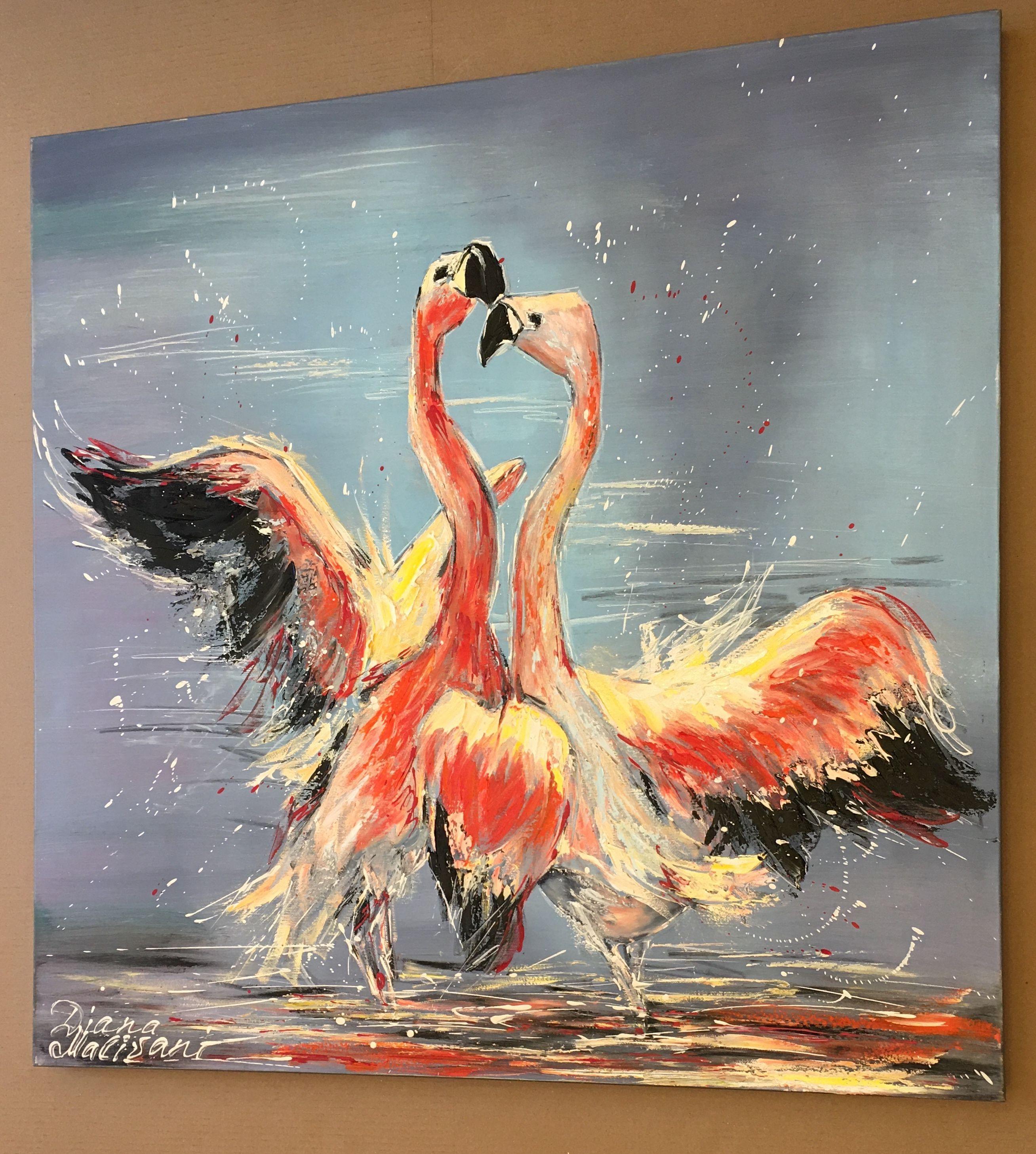 Dance of Pink Flamingoes, Painting, Oil on Canvas 1