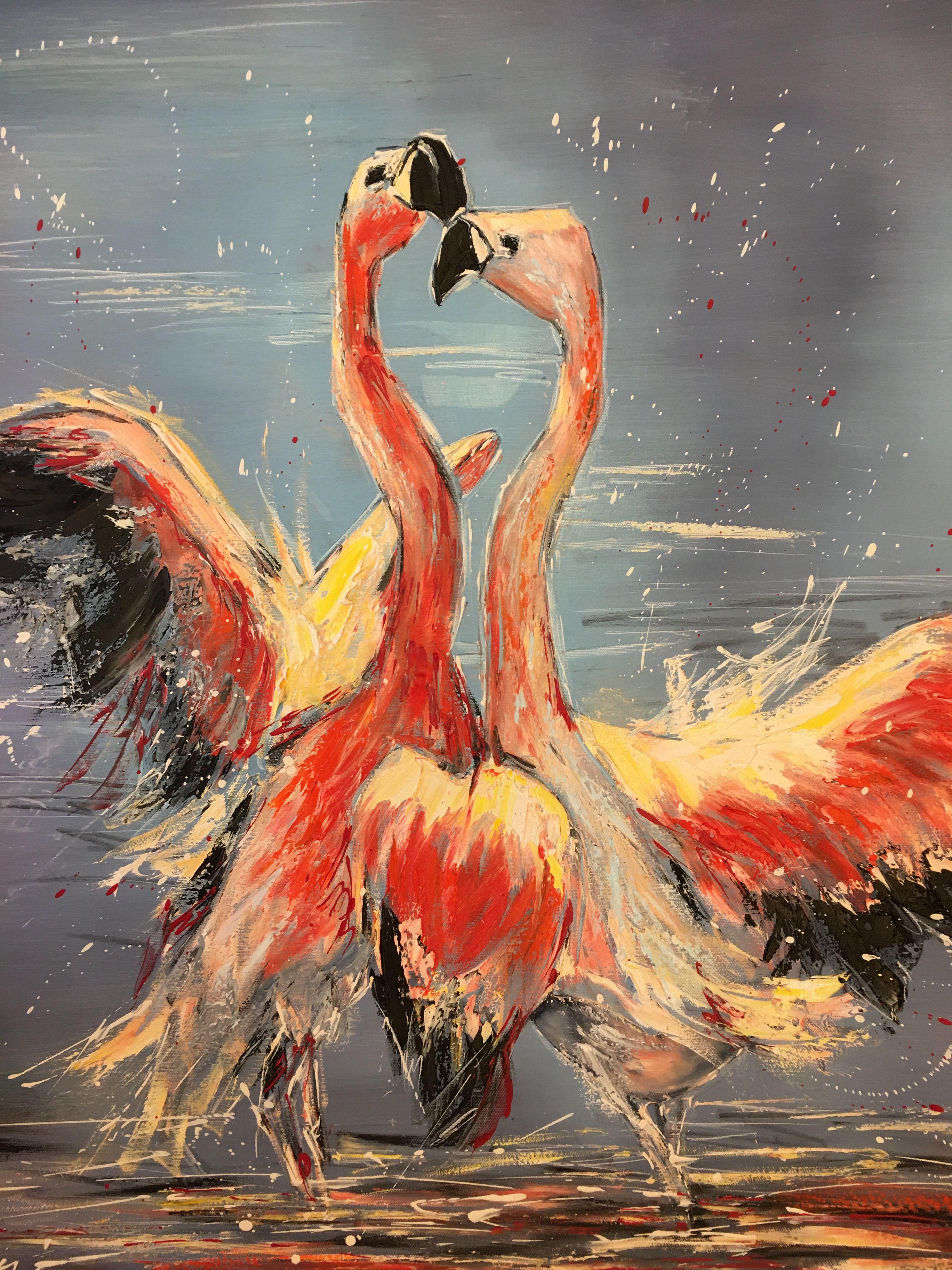 Dance of Pink Flamingoes, Painting, Oil on Canvas 2