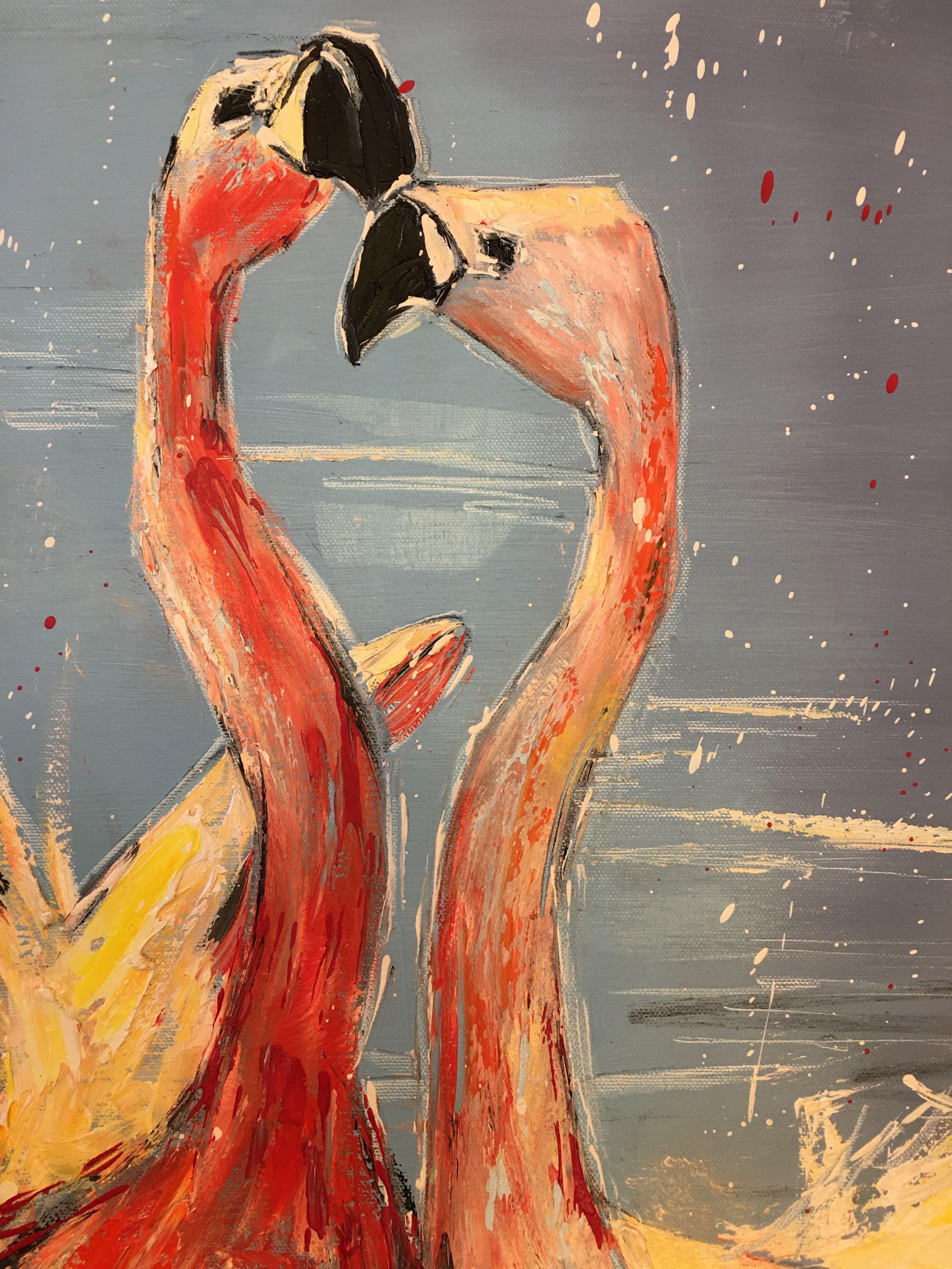 Dance of Pink Flamingoes, Painting, Oil on Canvas 3