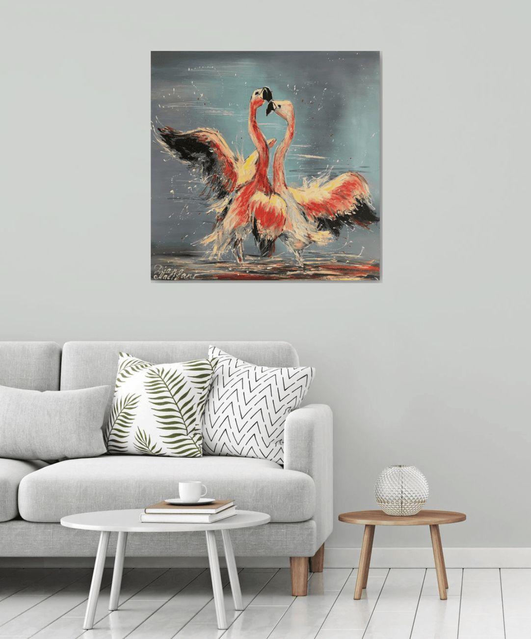 Dance of Pink Flamingoes, Painting, Oil on Canvas 4