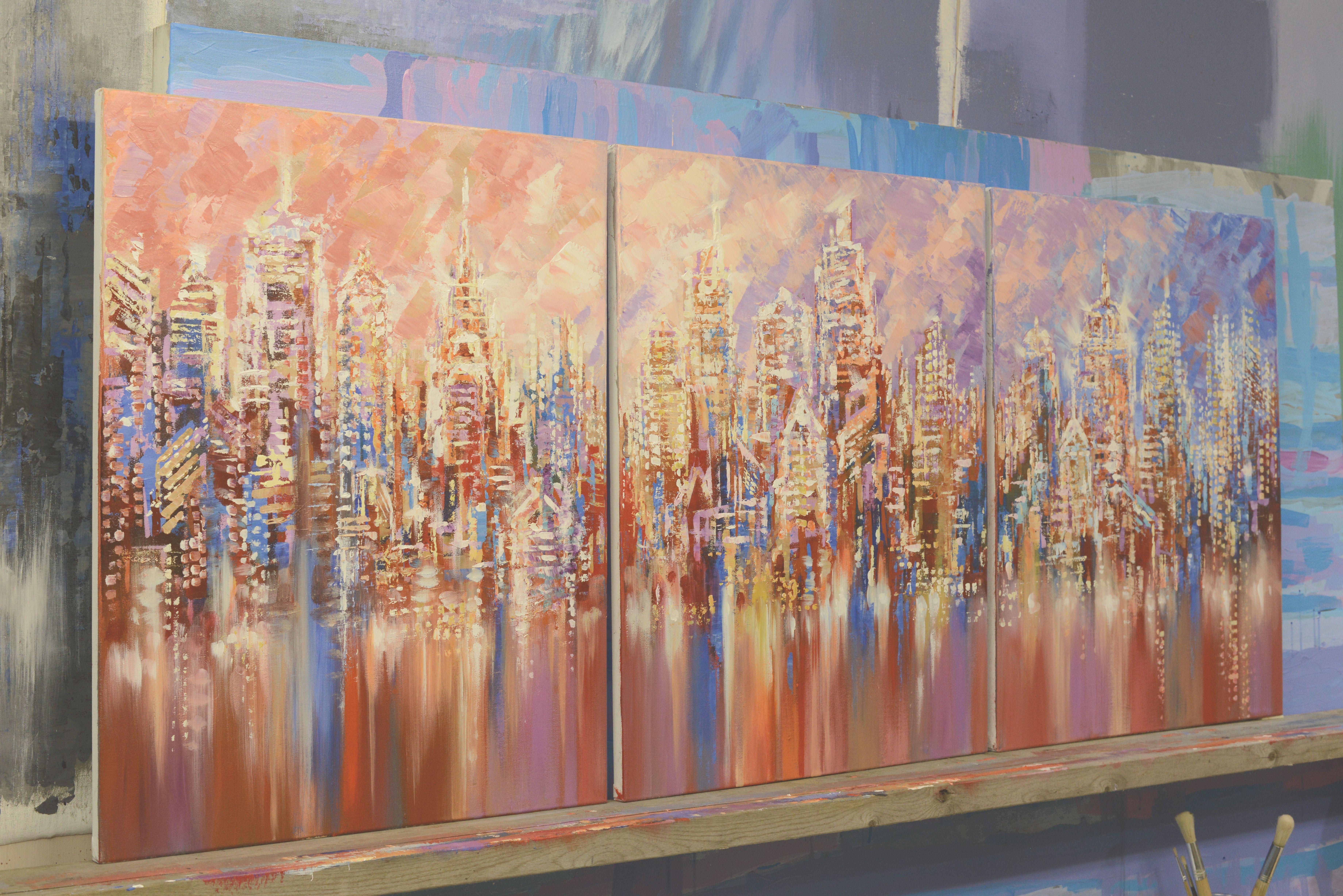 This is an original large cityscape painting (triptych) on 3 panels of mounted canvas, each 22