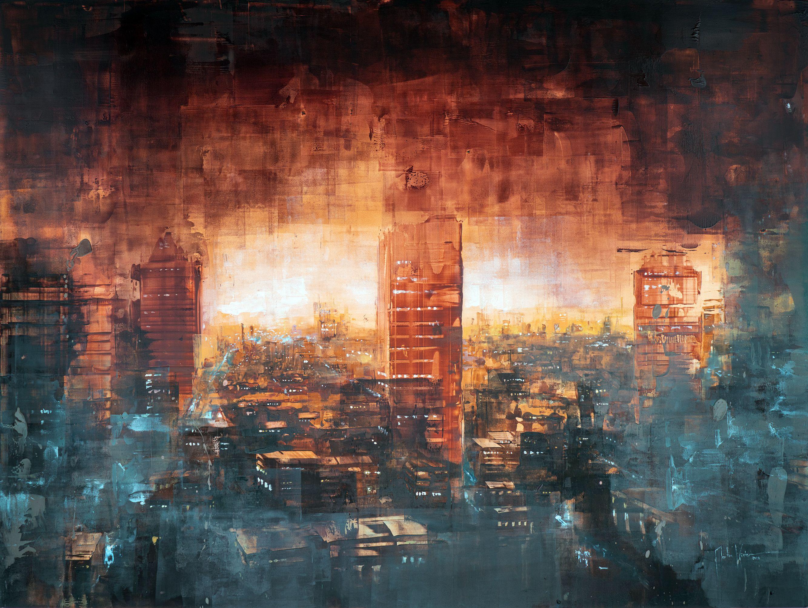 Martin KÃ¶ster New York dark noon IV, Painting, Oil on Wood Panel For