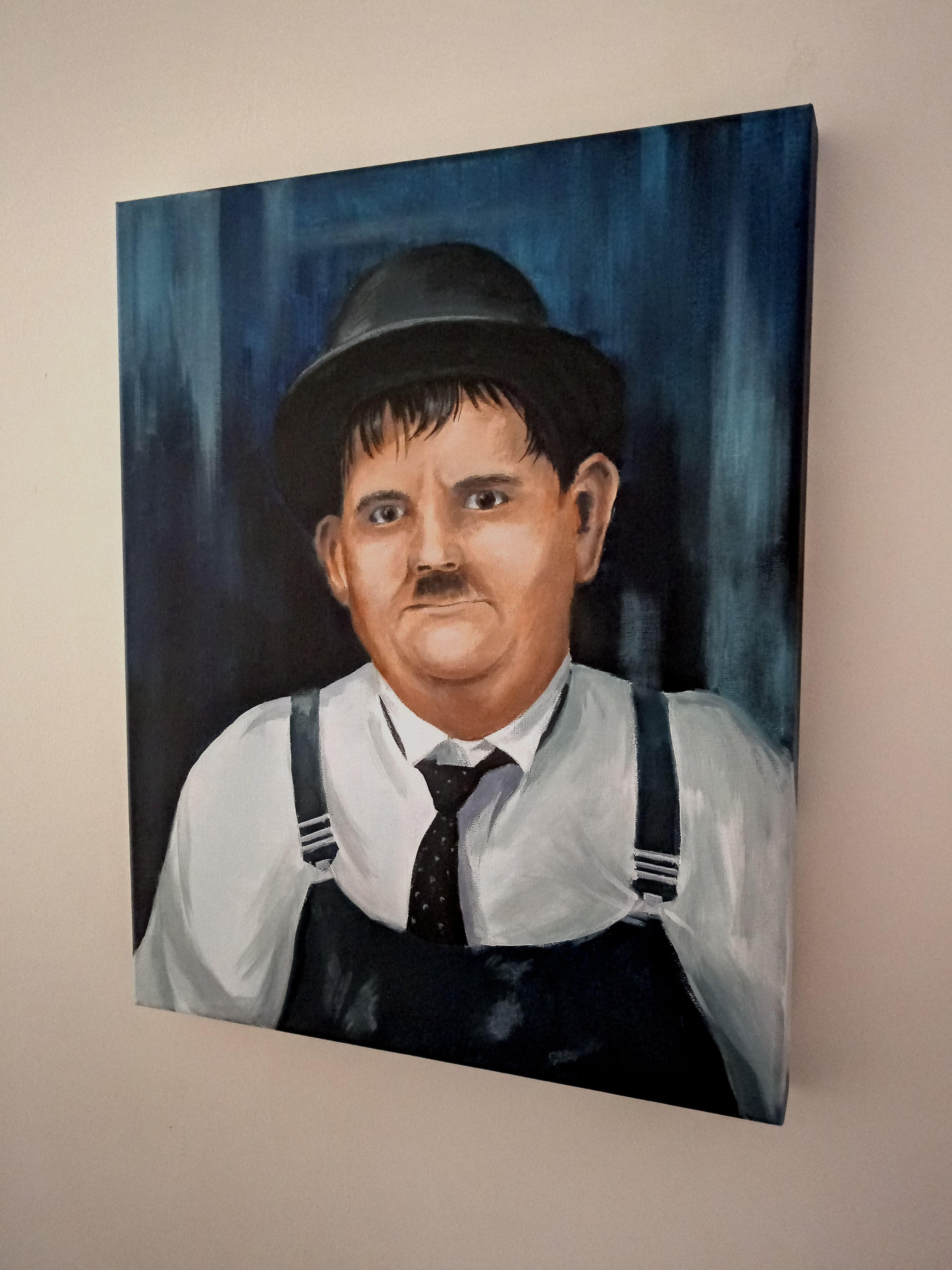 An original acrylic painting of one of Hollywood's best-loved comics, Oliver Hardy.     Unframed stretched canvas measuring 51 x 41 cm with deep painted edges. Signed by the artist in the bottom right hand corner and carefully packaged and sent with