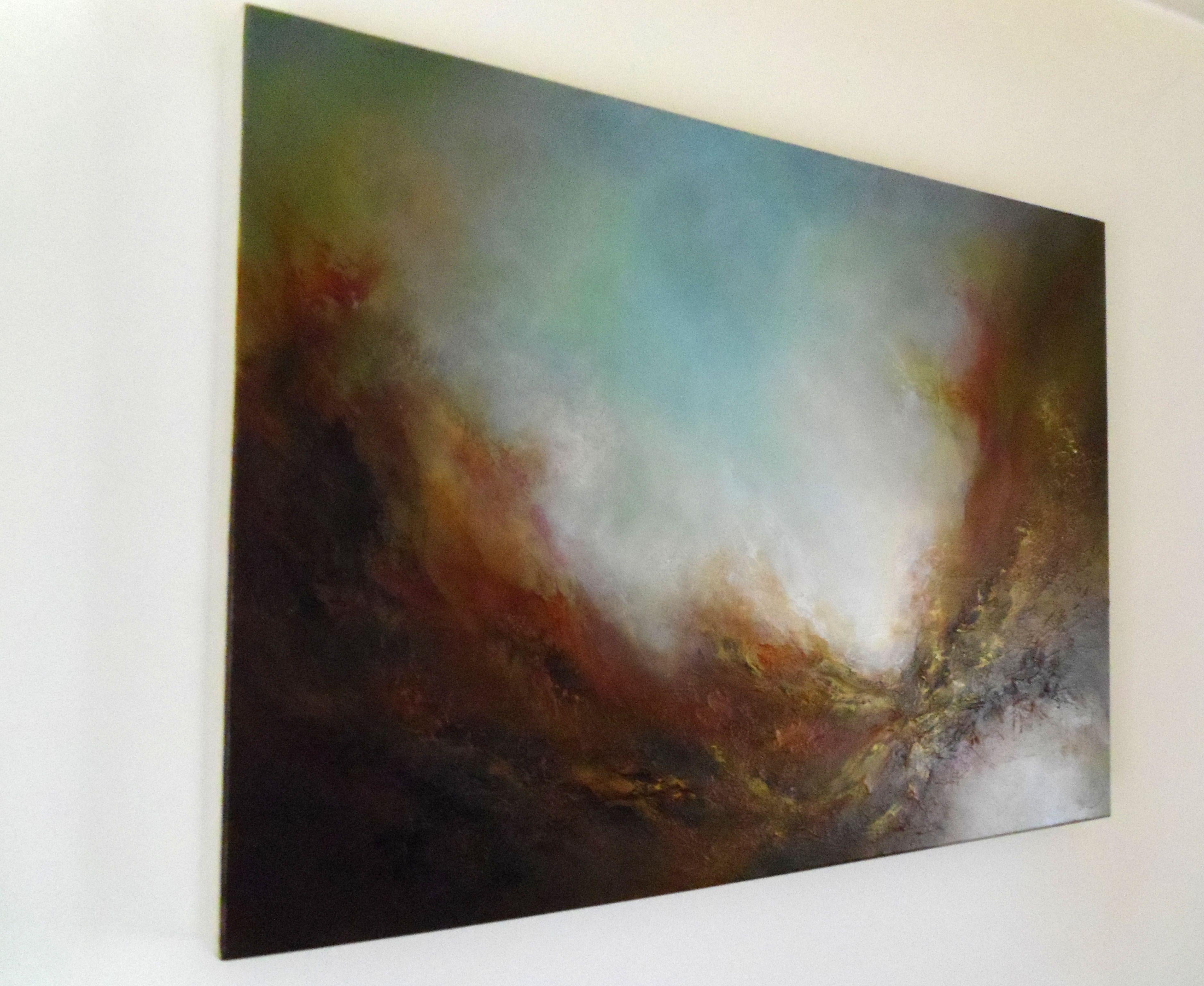 This stunning, contemporary painting is very atmospheric and dramatic! A statement piece. Would make a great focal point either in the office or at home. This really is a powerful piece! The foreground has texture and there are many, many layers of