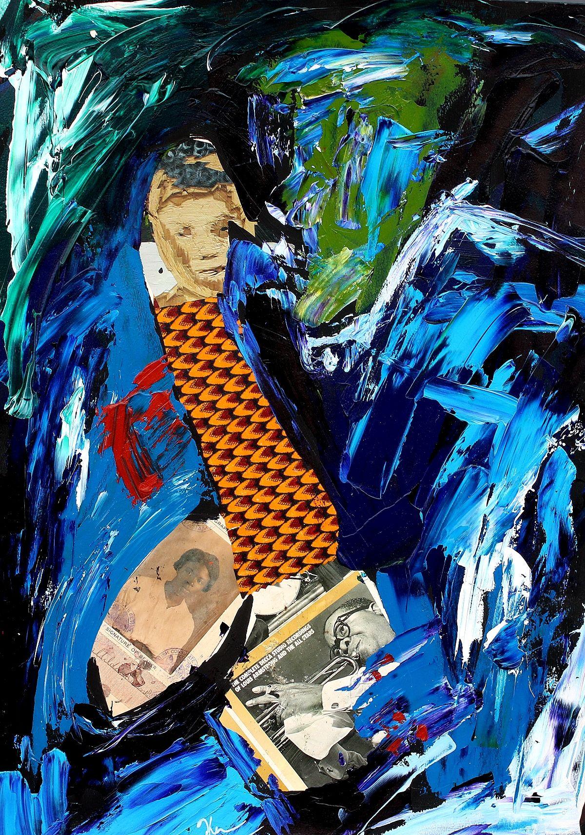 Abstract Blues Horn, Mixed Media on Paper - Mixed Media Art by Harold Smith