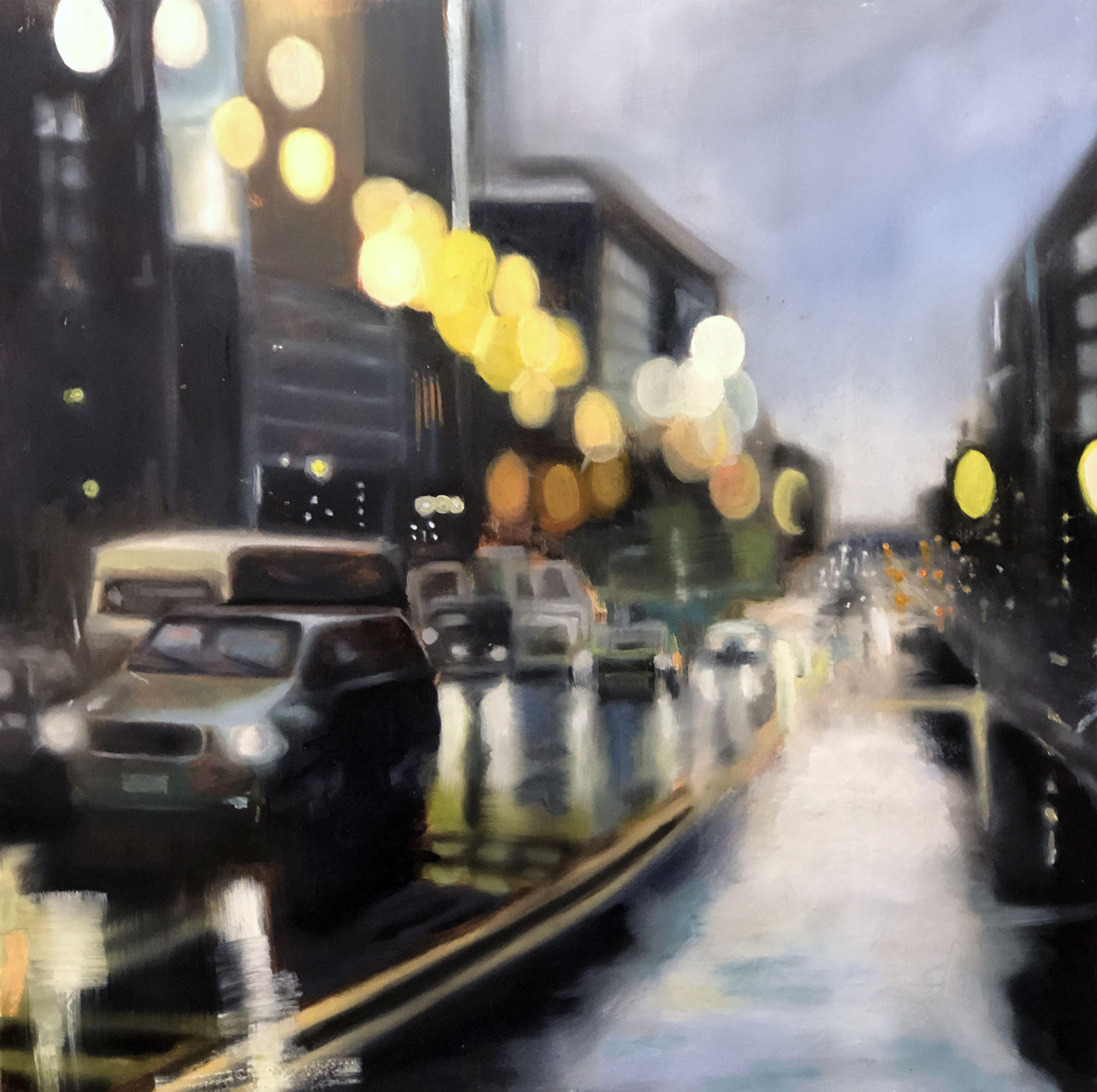 K Street Washington DC - 2019 - Oil on Cradled Board â€“16 H x 16 W x 1.5 Inches and ready to hang    Cradled with a solid wood frame, the panel won't flex, stretch, or warp. The edges are sanded edges to allow for a finished look that is ready to