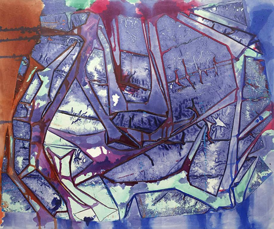 Abstract Painting di Jeffrey Kurland - "BENZI MERCI", Pittura astratta, Acrilico su tela, Rosso, Blu, Viola