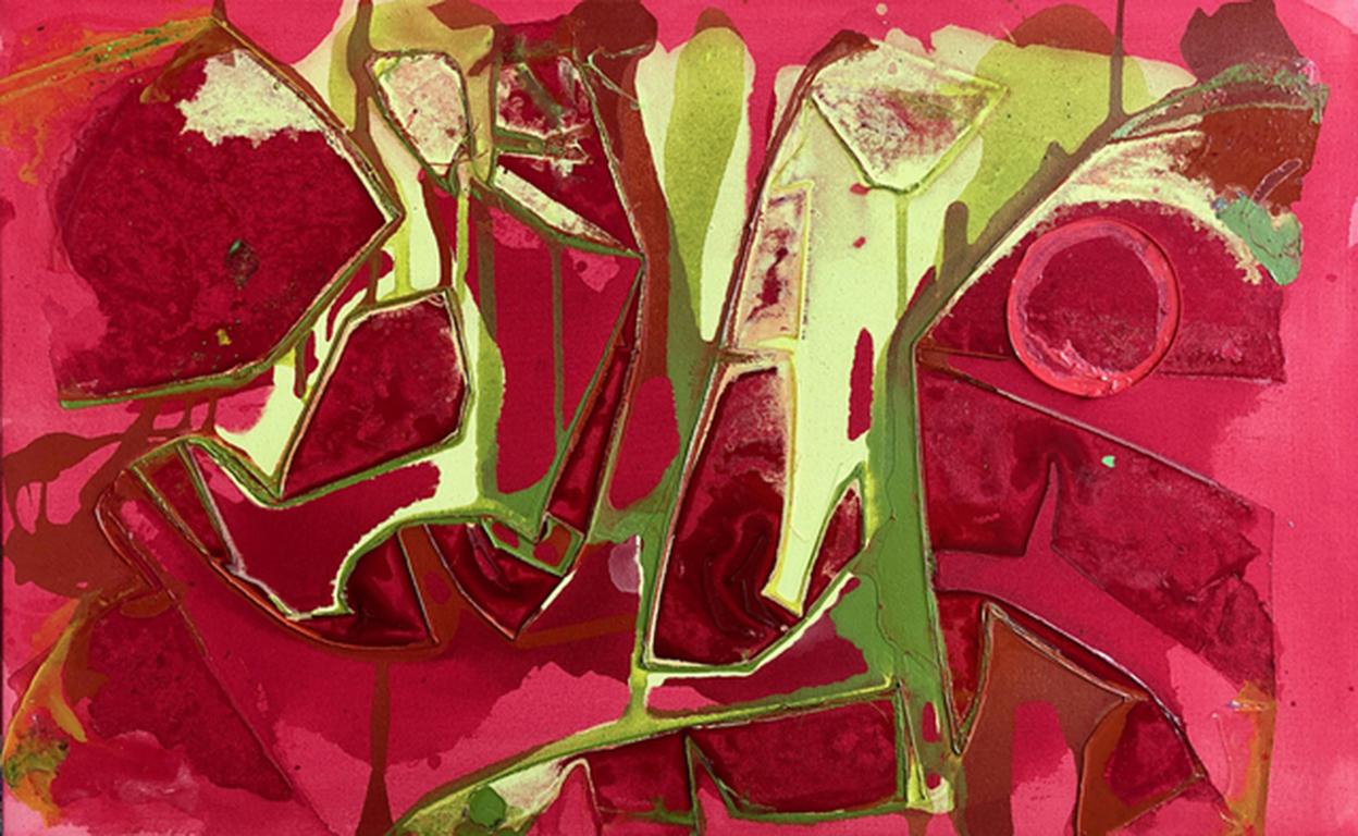 "ALIZARIN GARDENS", Abstract Painting, Acrylic on Canvas, Red Rose Yellow Green