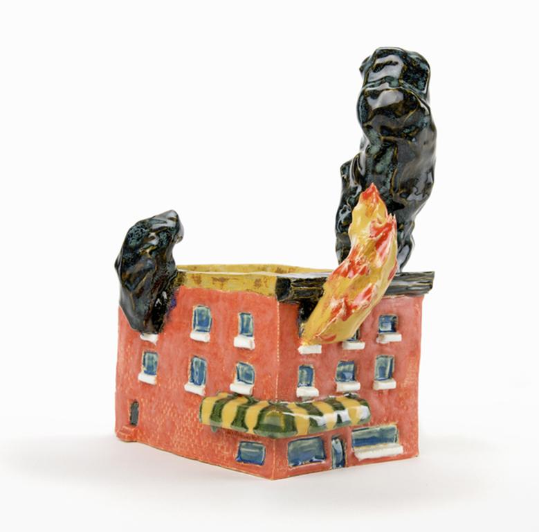 Andrew Smenos Figurative Sculpture - "I'M NOT LEAVING THE HOUSE TIL I FIND MY PHONE", Ceramic Sculpture, House Fire