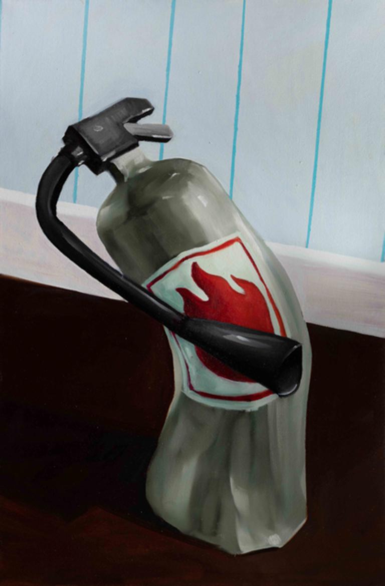 Andrew Smenos Interior Painting – ""THIS WON'T HELP"", Ölgemälde auf Leinwand, Feuerschutzwaffen, Zuhause, Katastrophe, Humor