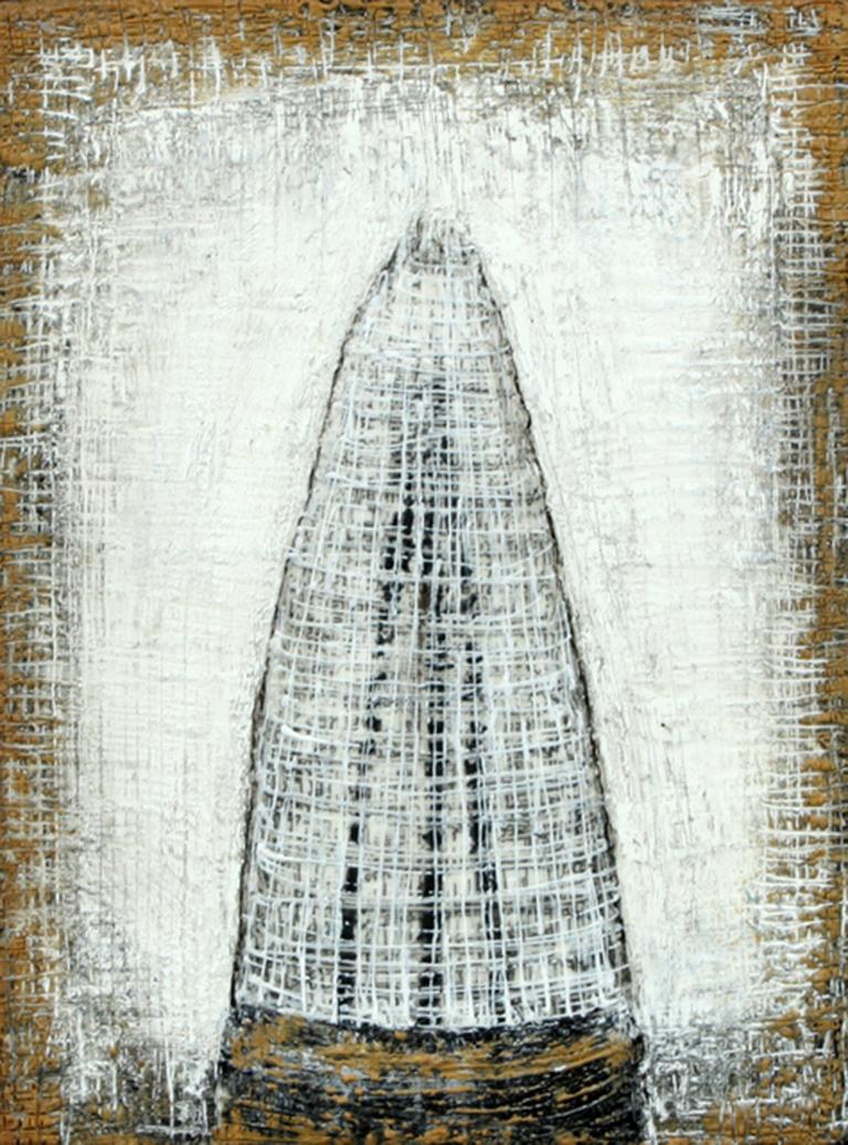 "LOTUS TEMPLE #9", Encaustic and Mixed Media, Framed, Temple, Black, White, Tan