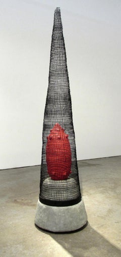 "SAFE", Sculpture, Concrete and Steel Mesh, Black, Red, Grey, Temple Form, 2016 