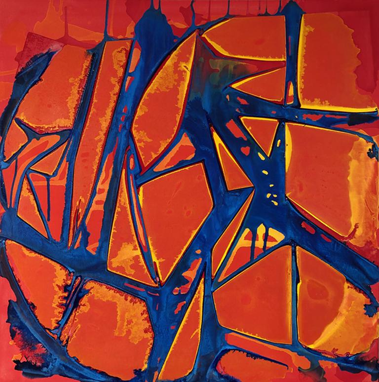 Abstract Painting di Jeffrey Kurland - "QUID PRO QUO", Pittura astratta, Acrilico su tela, Rosso, Blu, Arancione