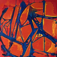 ""QUID PRO QUO"", Abstraktes Gemälde, Acryl auf Leinwand, Rot, Blau, Orange