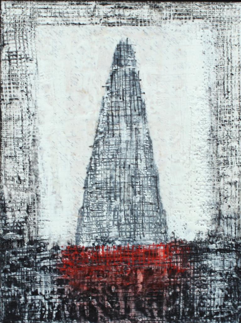 "LOTUS TEMPLE #1", Encaustic and Mixed Media, Framed, Black, White, Red, Temple