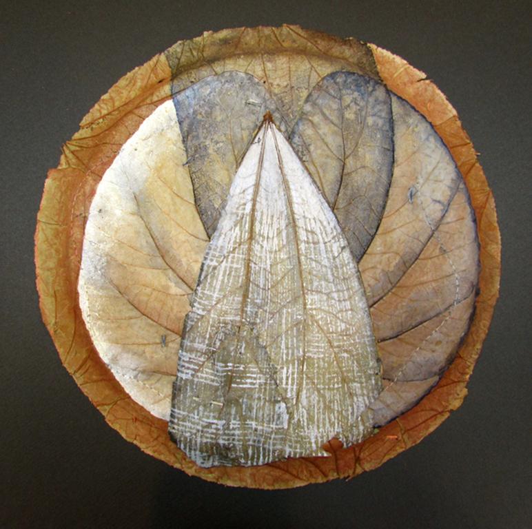 "SOMEWHERE ELSE #3", Watercolor on Sal Leaf Plate, Black Frame, White, Tan, Gold