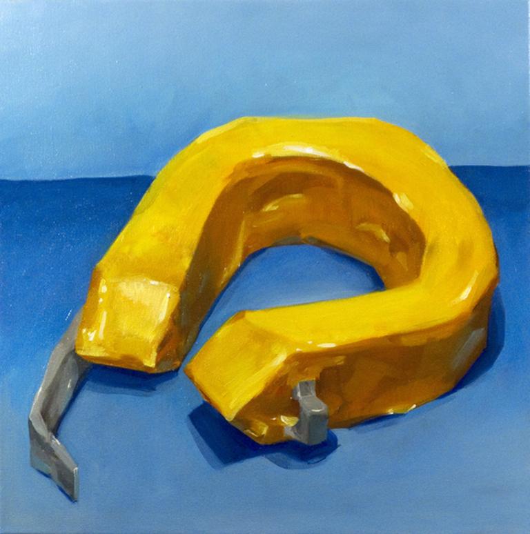 Andrew Smenos Figurative Painting - "HELP YOURSELF BEFORE HELPING OTHERS", Painting, Yellow Life Jacket, Disaster
