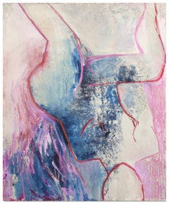 "THE PAJAMA GAME", Painting, Oil on Canvas, Nude Woman on Pink, Blue, Cream