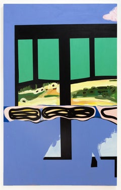 "CLOUD", Abstract Painting, Window with Sky and Clouds, Blue, Green, Gold Fields