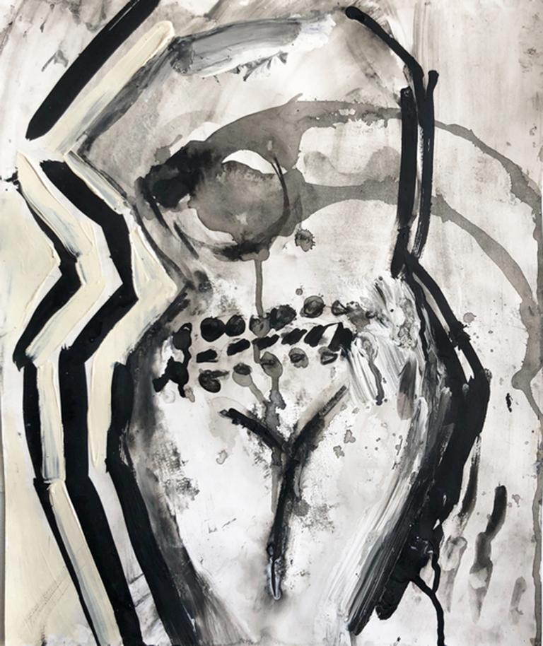 "UNTITLED", Drawing on Paper, Ink and Acrylic, Nude Woman in Black, Cream, White - Art by Natasha Wright