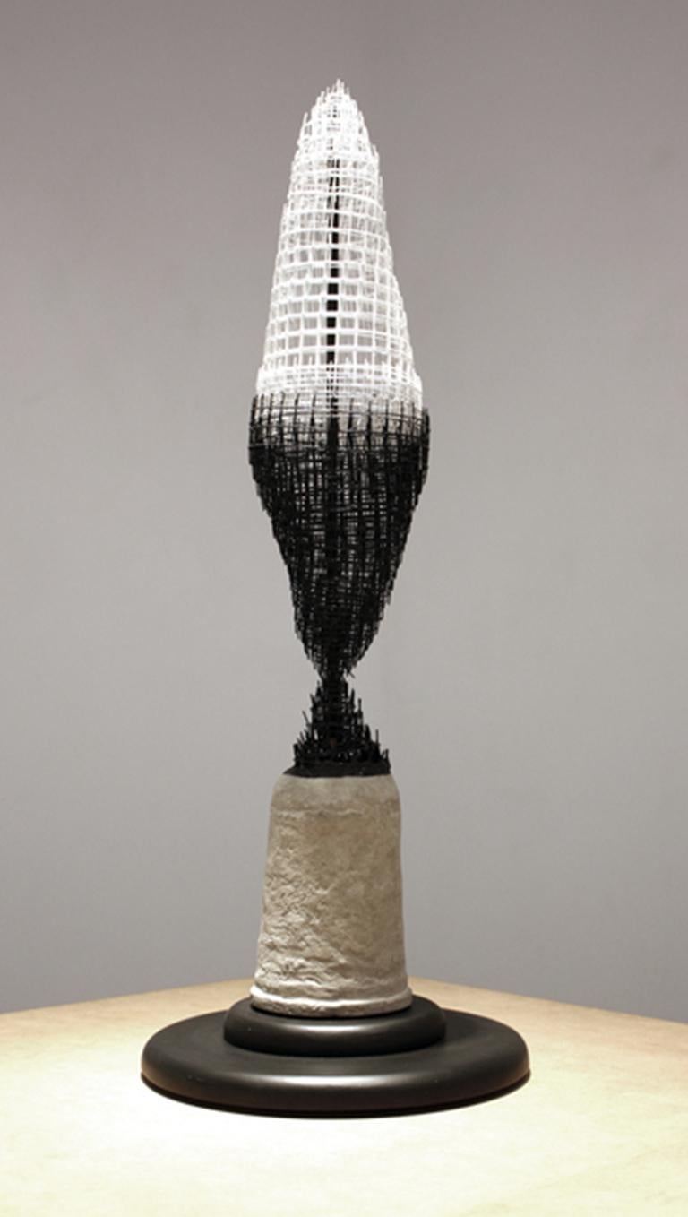 Eva Ennist Abstract Sculpture - "NESTING LOTUS #4", Sculpture, Wire Mesh, Wood, Concrete, White, Black, Tan Base