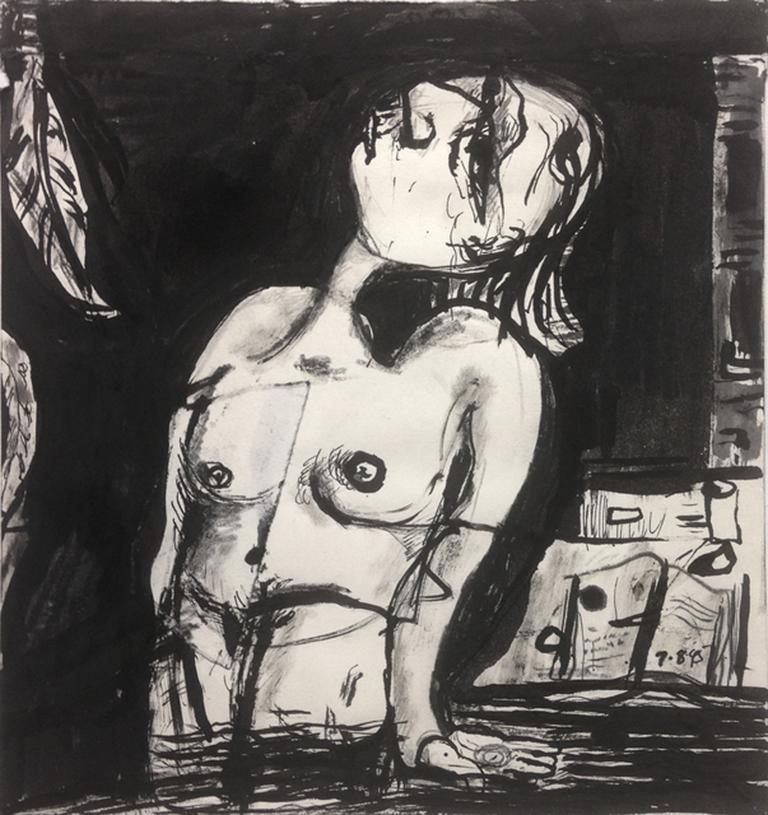 Dale Williams Figurative Art - "Wading Woman", drawing, ink, portrait