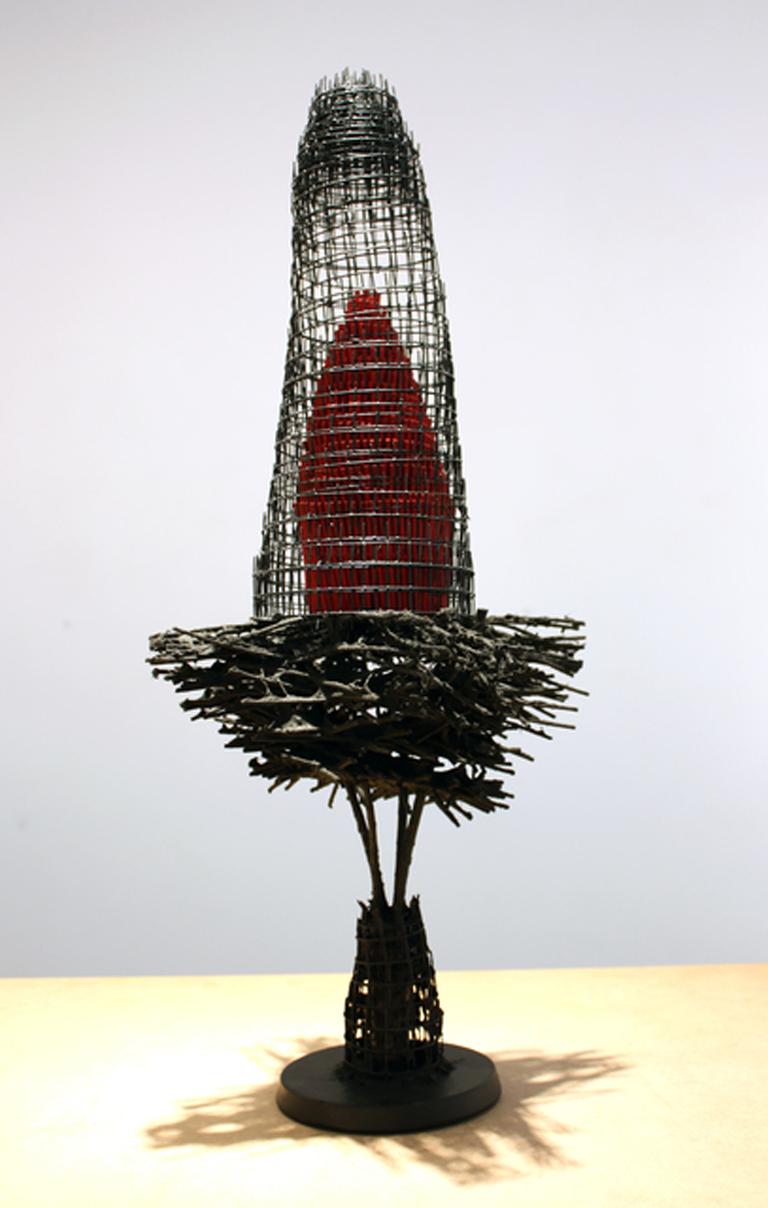 "NESTING LOTUS #1", Sculpture, Wire Mesh, Reed, Bamboo, Handmade Paper, Concrete