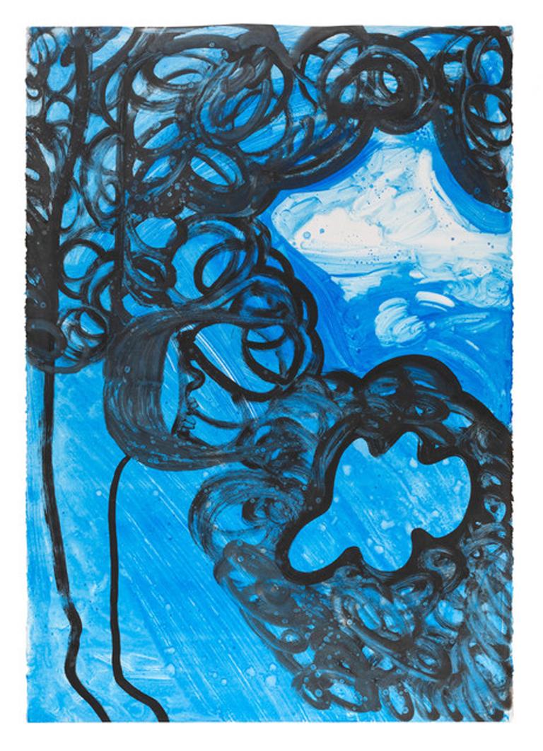 "SKY WOMAN", Monotype on Stonehenge Paper, Blue, Black Line, White