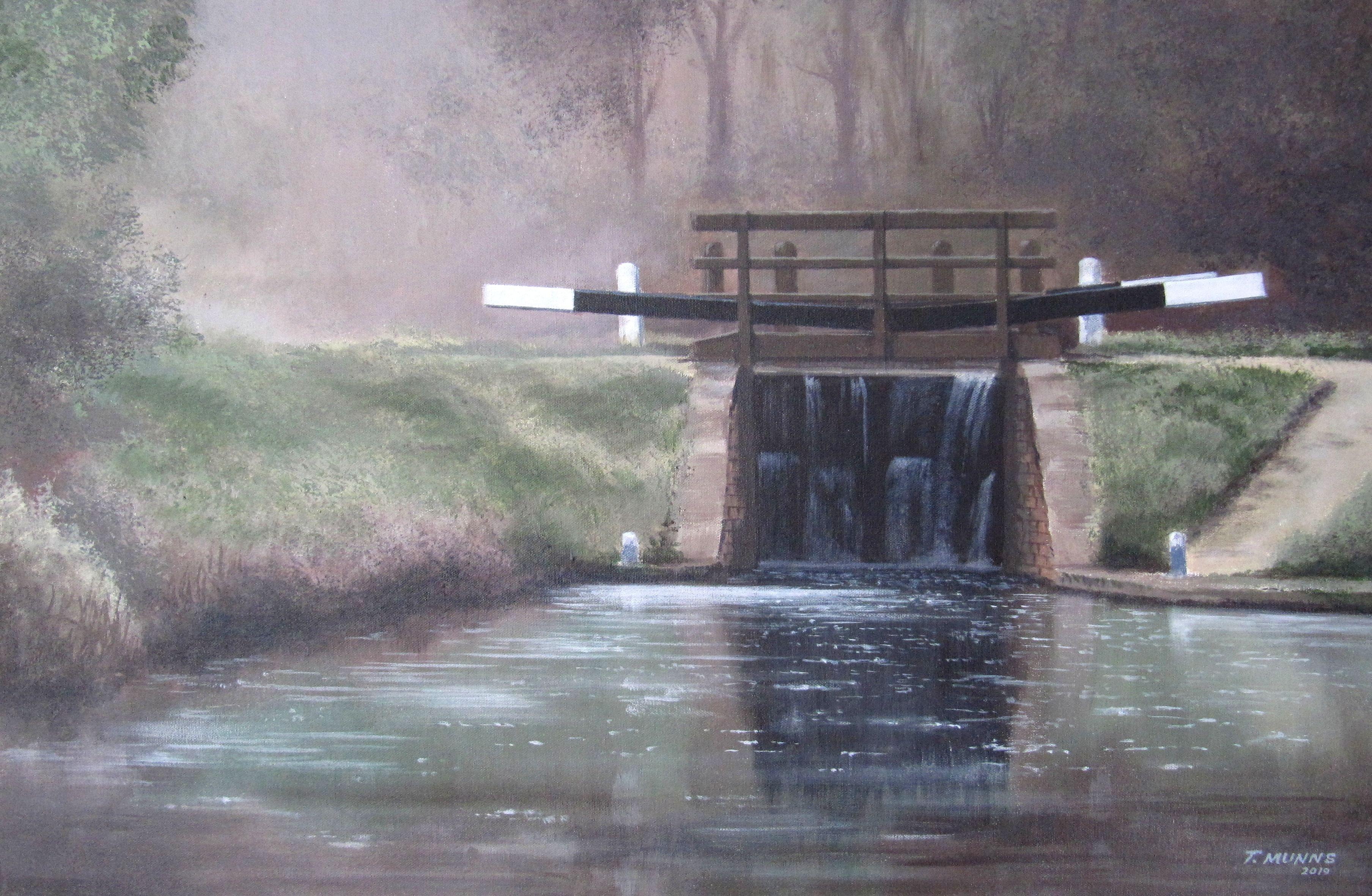A medium sized unframed original acrylic painting that captures the peace and quiet of an early autumn morning at a remote English canal lock.     Edges are painted so that the artwork may be hung without framing if preferred.     Signed by the