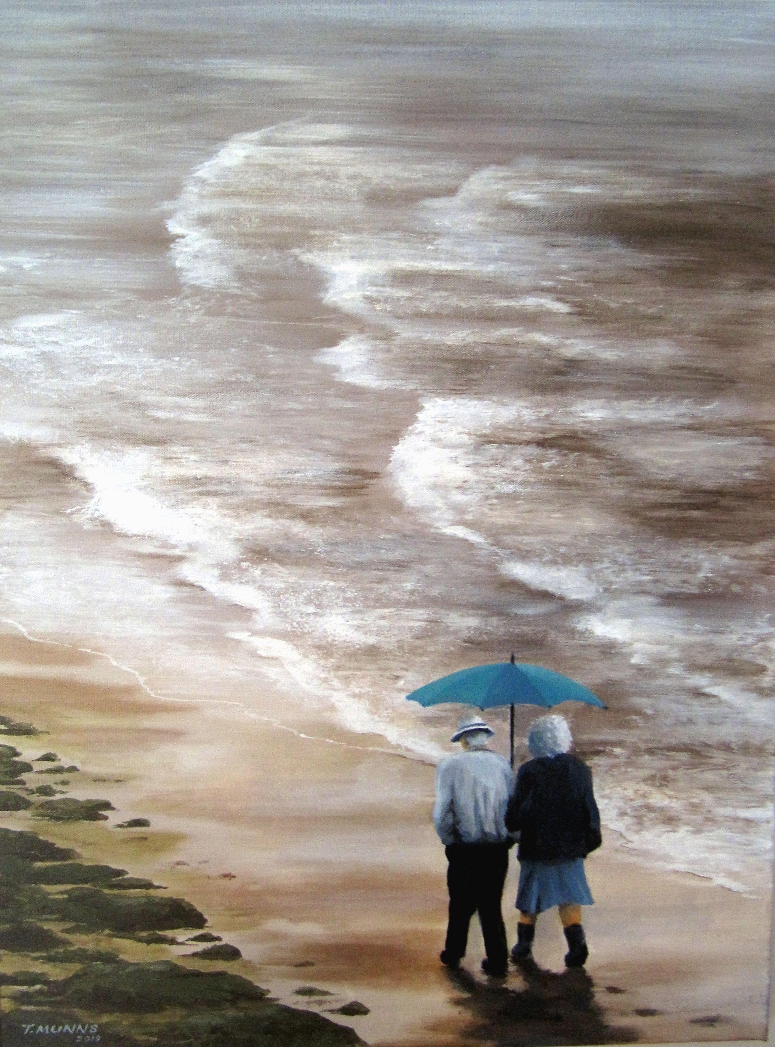 A medium sized unframed original acrylic painting that features retired couple Fred and Joan taking a bracing walk along a stormy coast under the shelter of Joan's umbrella.     Edges are painted so that the artwork may be hung without framing if