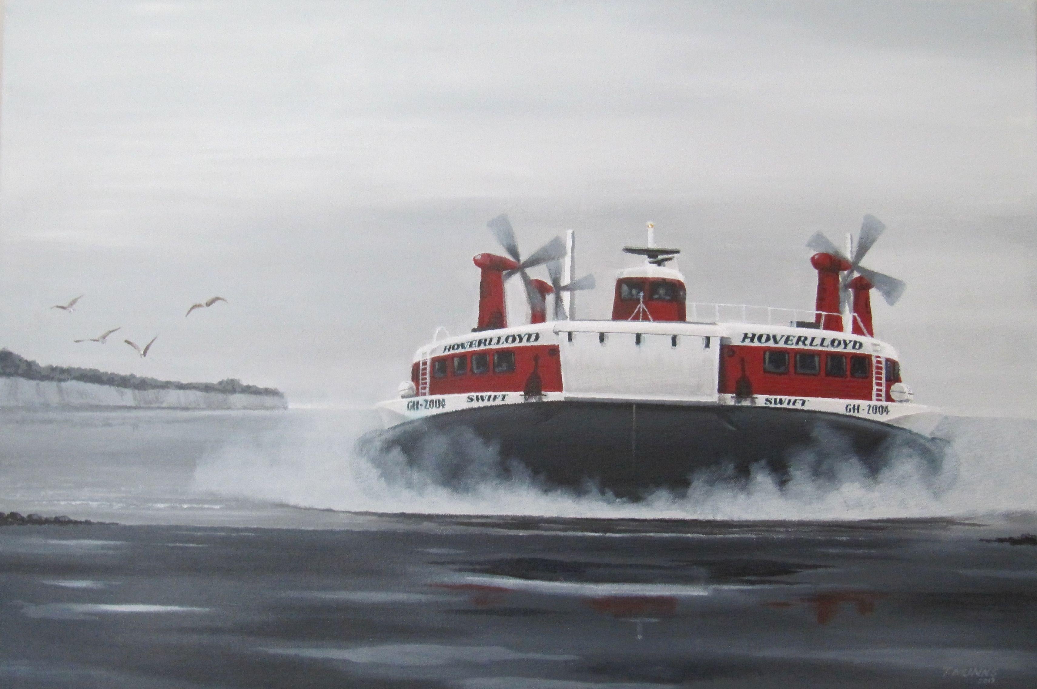A medium sized unframed original acrylic painting that is a personal tribute to the incredible Mountbatten Class SRN4 hovercraft and to Hoverlloyd, who operated four of this type between Ramsgate and Calais during the 1970s and 80s. This painting
