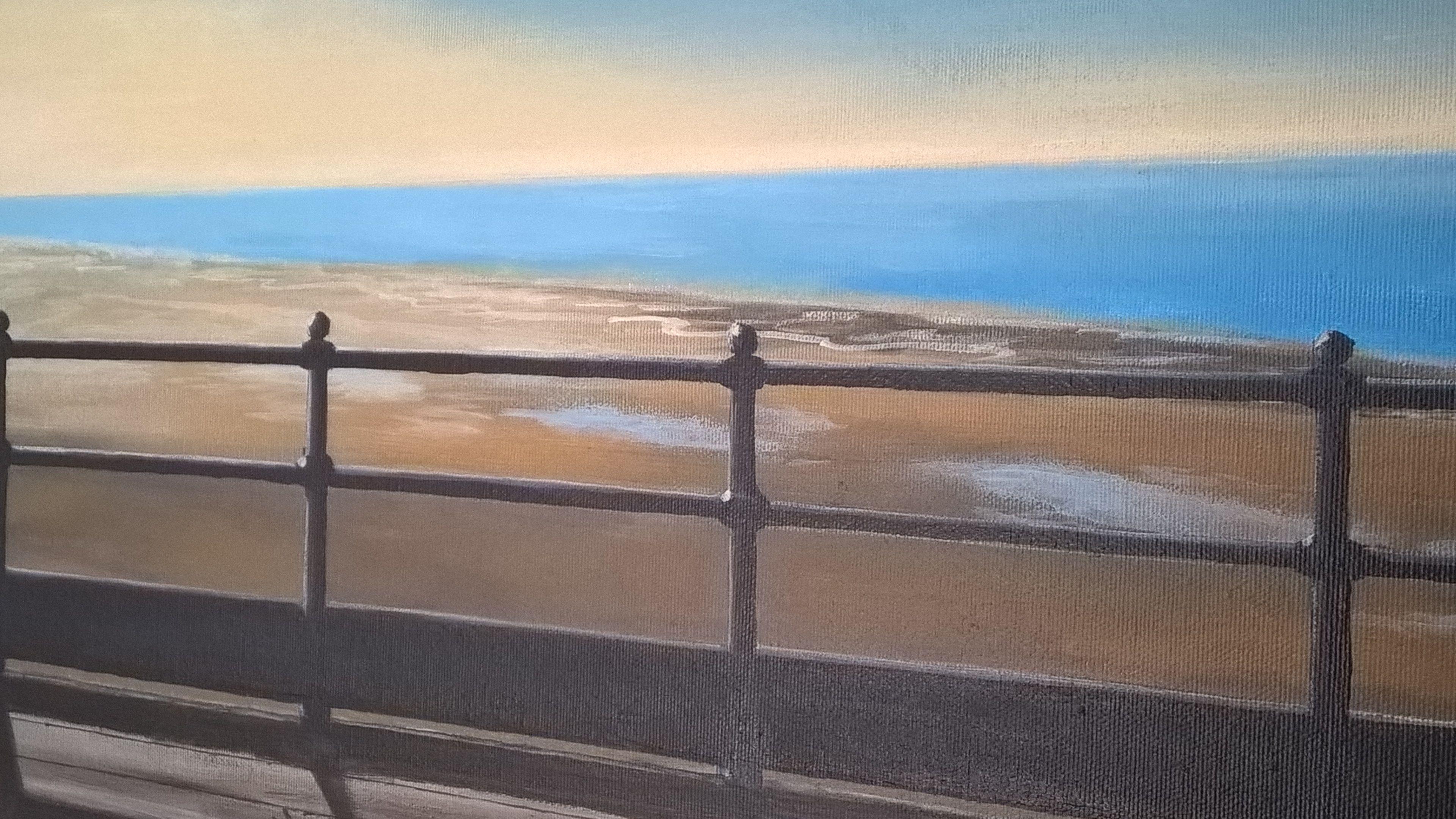 A large unframed original acrylic painting that captures retired couple Fred and Joan out for an evening stroll along the pier, looking towards the setting sun at low tide.     Edges are painted so that the artwork may be hung without framing if