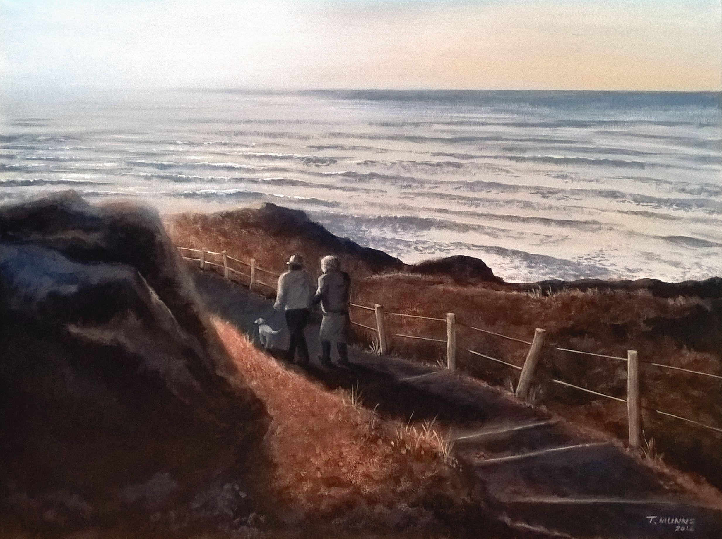A medium sized unframed original acrylic painting that captures retired couple Fred and Joan on an evening walk with the dog along a coastal path, giving them a chance to catch the sea air and chat.     Edges are painted so that the artwork may be